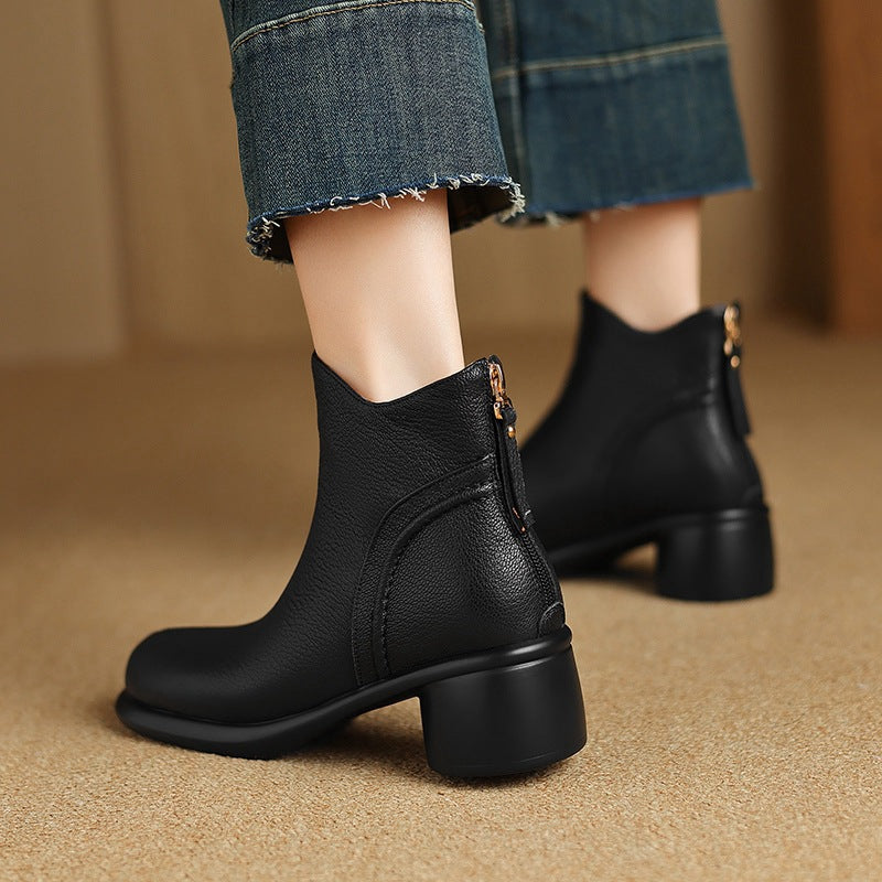 Retro Autumn Sheepskin Leather Soft Chunky Zipper Boots