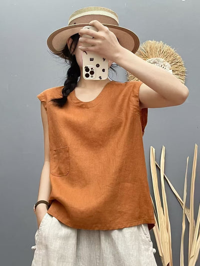 Women Summer Linen Round Neck Sleeveless Solid Color Vest