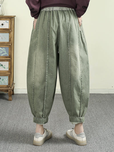 Women Spring Retro Denim Simple Solid Color Harem Pants