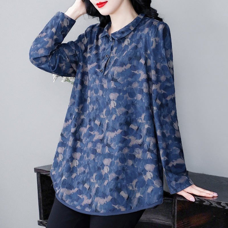 Plus Size Loose Elegant Floral Printed Cotton Women Polo Shirt