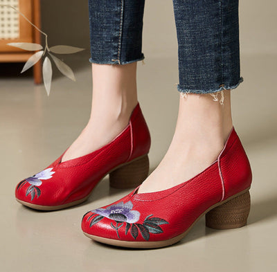 Ethnic Style Retro Genuine Leather Floral Embroidered Heeled Shoes