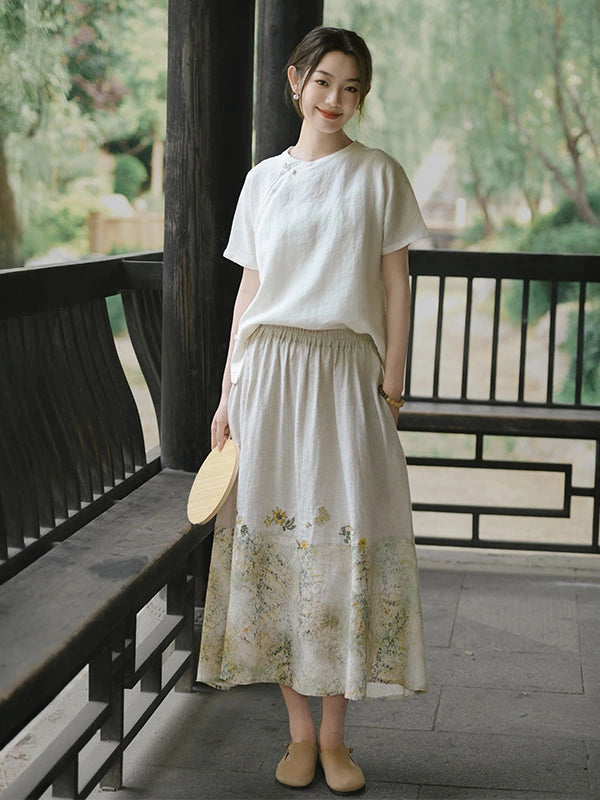 Babakud Retro Elegant Linen Patchwork Elastic Waist Skirts