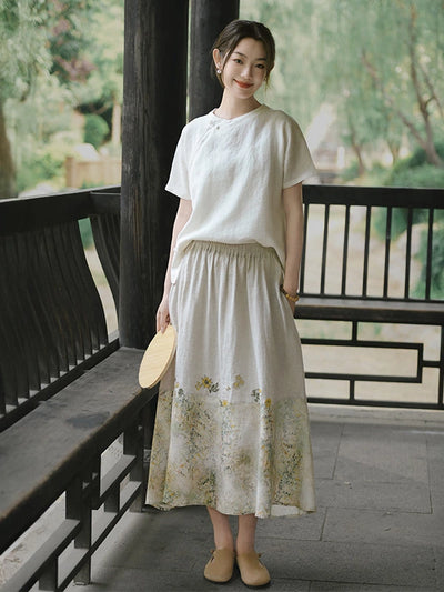 Babakud Retro Elegant Linen Patchwork Elastic Waist Skirts