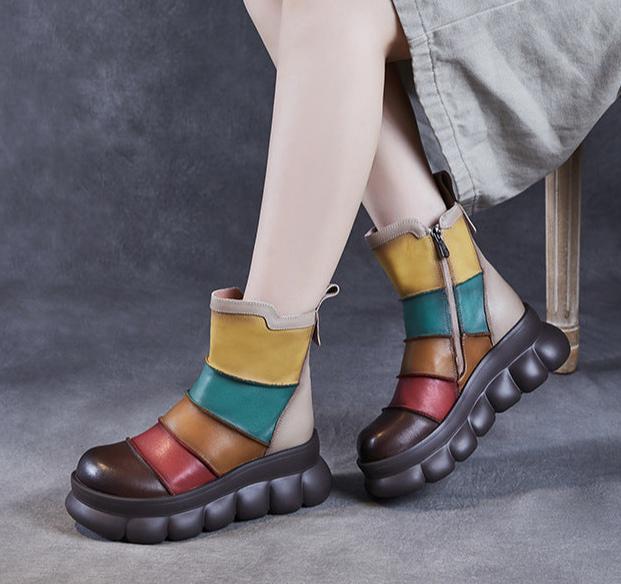 Women Vintage Color Block Platform Leather Short Boots