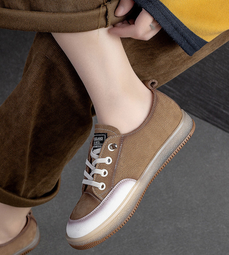 Women Fashion Comfy Casual Letters Lace-Up Flat Leather Sneakers