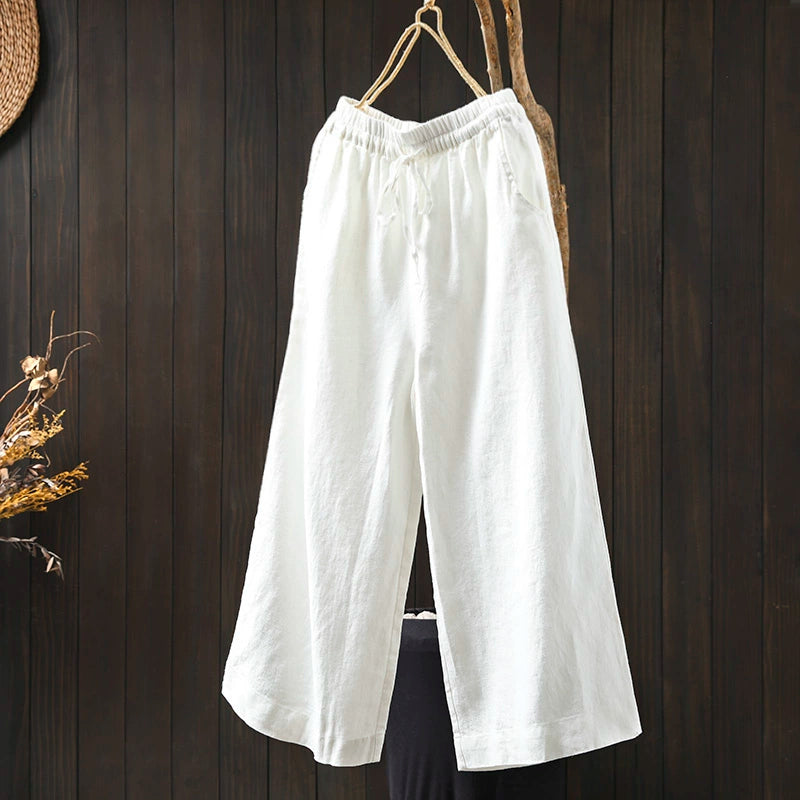 Women Spring Vintage Linen Solid Color Casual Wide-Leg Pants