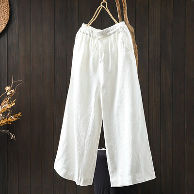 Women Spring Vintage Linen Solid Color Casual Wide-Leg Pants