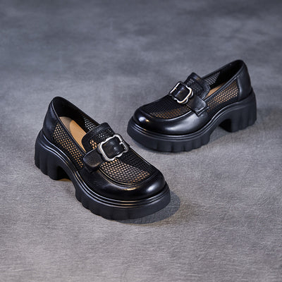 Black Breathable Mesh Patchwork Leather Loafers for Women