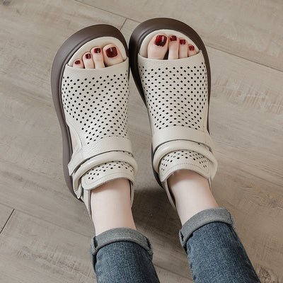 Women Retro Summer Genuine Leather Hollow Peep Toe Sandals