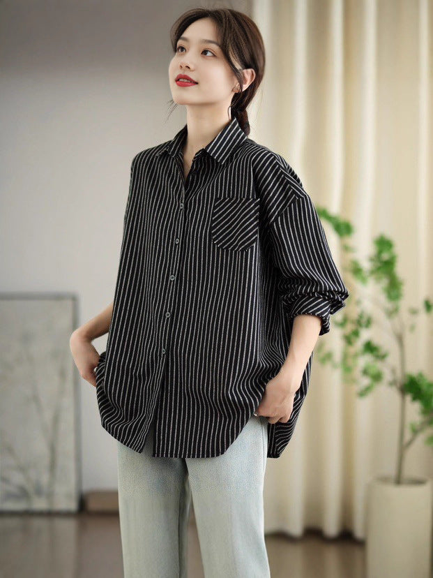 Babakud Retro Cotton Striped Casual Loose Patchwork Shirt