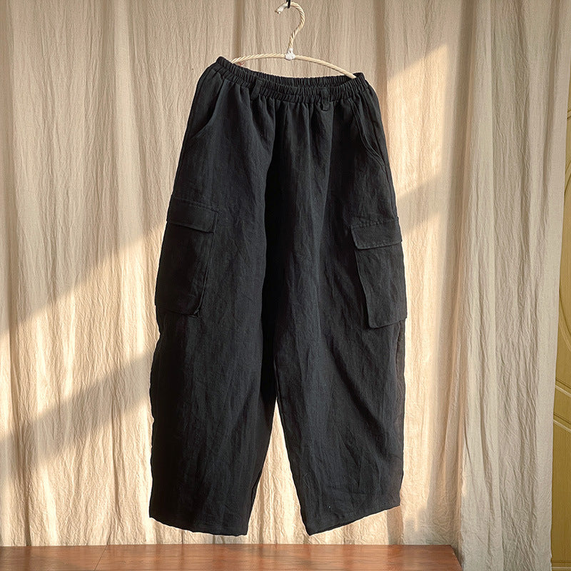Women's Vintage Workwear Cotton Linen Loose Cargo Wide-Leg Pants