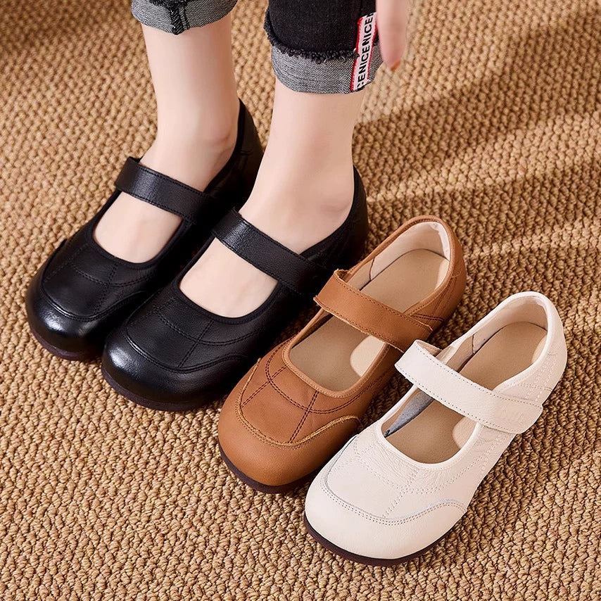 Women Retro Leather Round Toe One Straped Velcro Flat Shoes