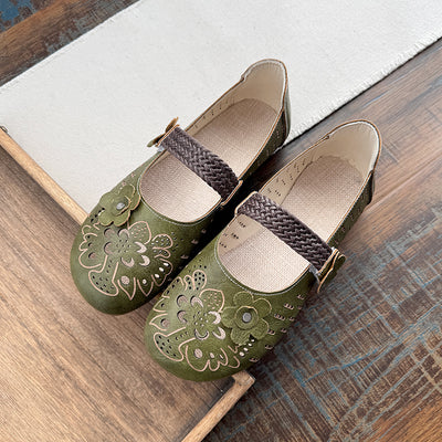 Babakud Women Spring Leather Floral Hollow Mary Jane Ballet Flats