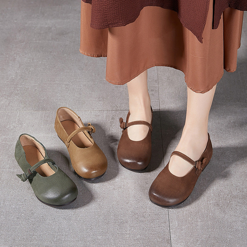 Women Retro Top Genuine Leather Round Toe Soft Sole Flats Shoes