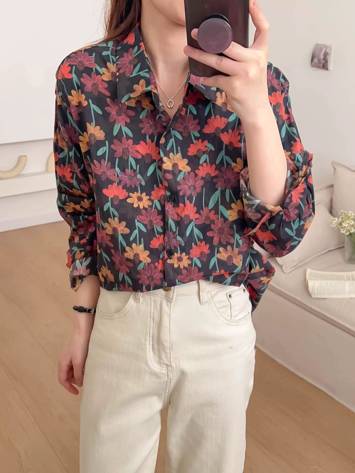 Women Retro Cotton Fashionable Floral Printed Loose Shirt