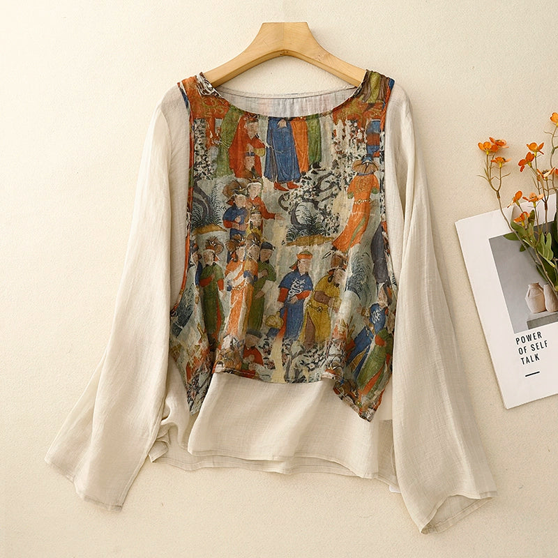 Women Spring Vintage Ramie Printed Long Sleeve Shirt