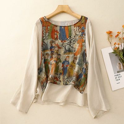Women Spring Vintage Ramie Printed Long Sleeve Shirt