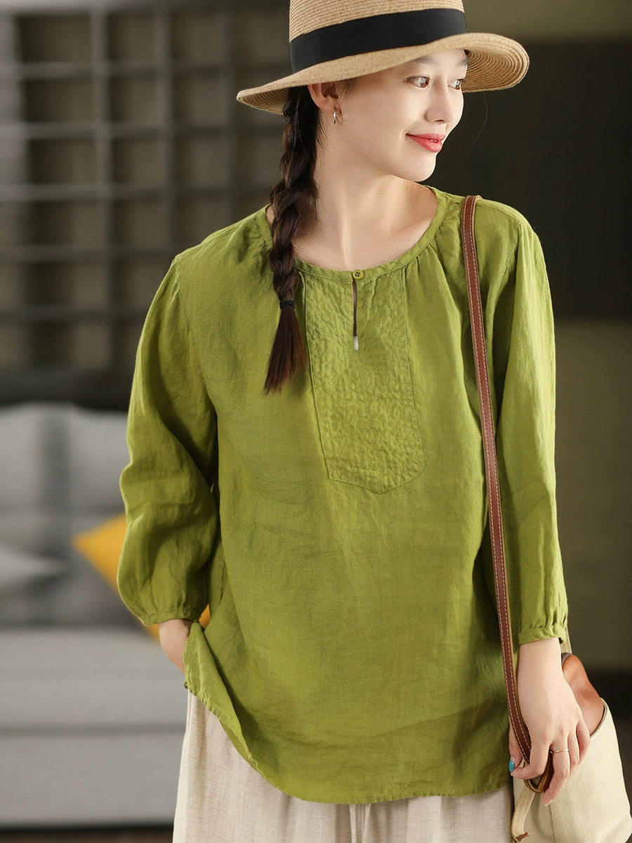 Autumn Retro Linen Round Neck Puff Sleeve Loose Shirt
