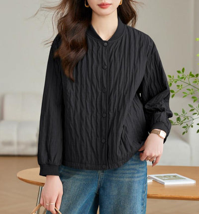 Women Button Up Stand Collar Crinkled Short Jackets