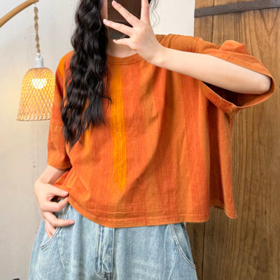 Women Summer New Striped Knit Cotton Round Neck T-Shirt