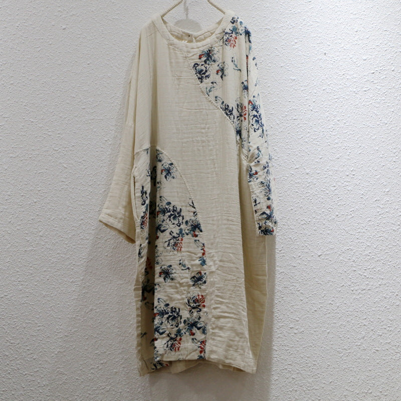 Spring Loose Soft Vintage Ethnic Style Printed Cotton Linen Dresses