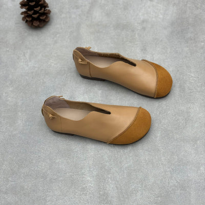 Ladies Retro Contrast Low Heeled Soft Leather Slip-On Shoes