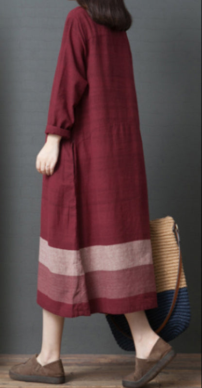 Babakud Spring Retro Cotton Linen Color Block A-Line Dress