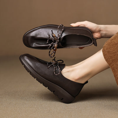 Sheepskin Leather Round Toe Lace-Up Shallow Loafer Shoes
