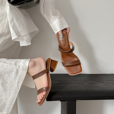 Women Elegant Leather Versatile One Strap Chunky Slippers