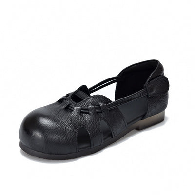 Summer Retro Leather Round Toe Cut Out Comfortable Velcro Sandals