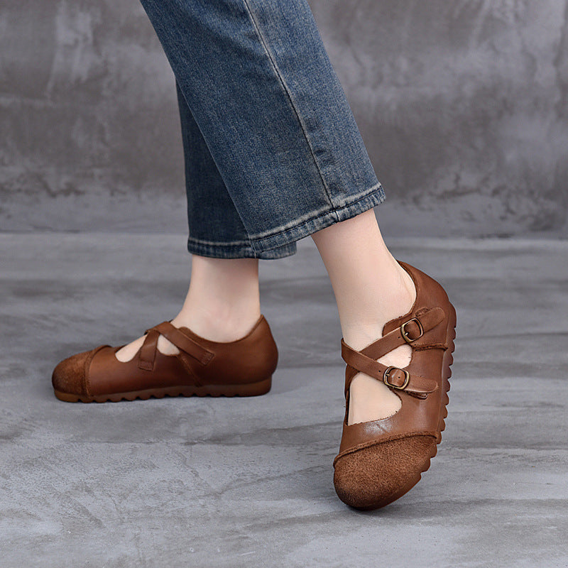 Genuine Leather Retro Casual Patchwork Crossing Straped Shoes