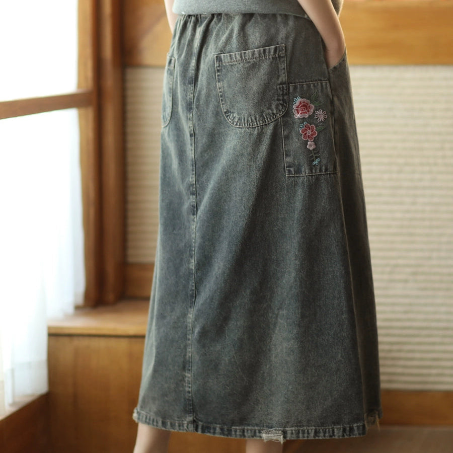 Women Spring Vintage Denim Embroidered Floral A-Line Midi Skirt