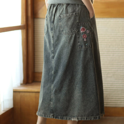 Women Spring Vintage Denim Embroidered Floral A-Line Midi Skirt