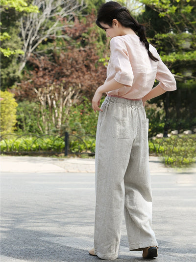 Women Casual Linen Elastic Waist Loose Lace-Up Pants