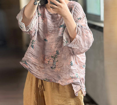 Spring Loose Casual Asymmetric Floral Printed Ramie Blouse