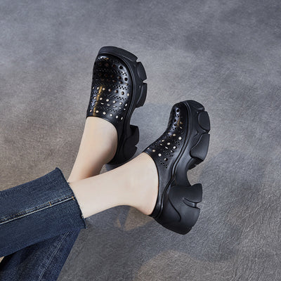 Summer Casual Leather Hollow Chunky Platform Slip On Shoes
