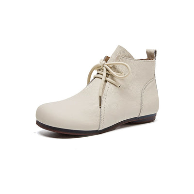 Genuine Leather Retro Round Toe Lace-Up Ankle Boots