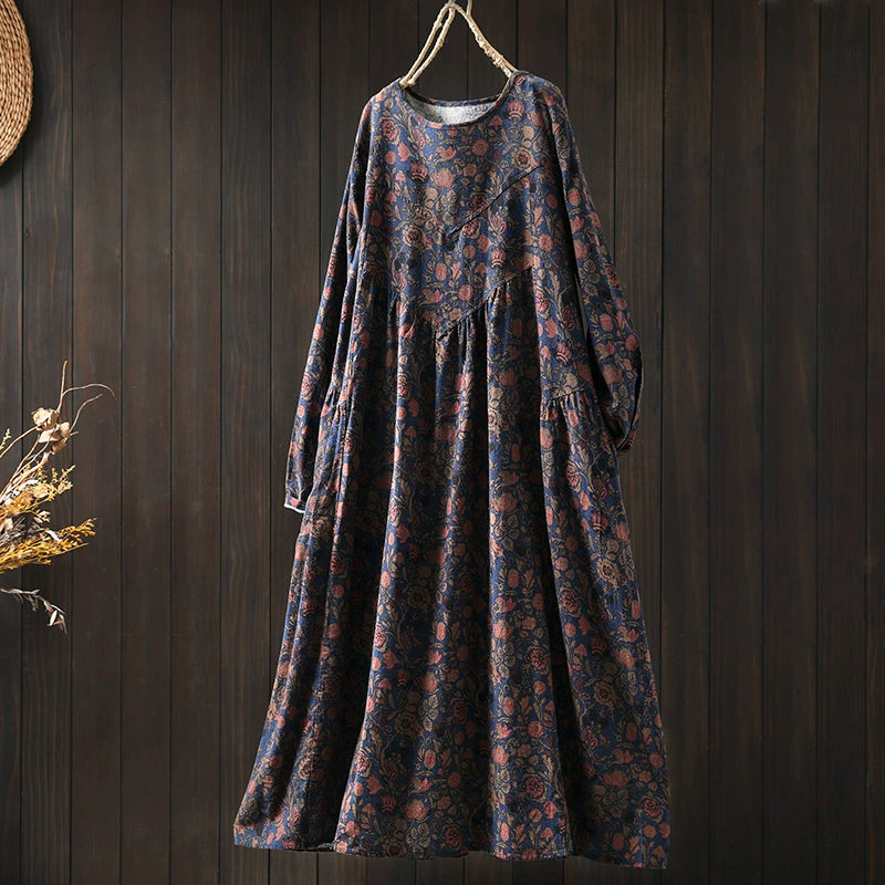 Women Spring Retro Cotton-Linen Printed Blossom Maxi Dress