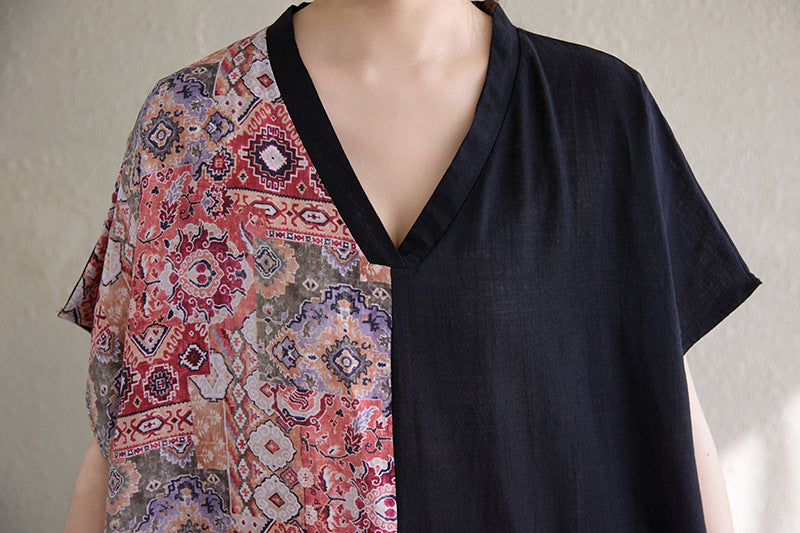 Spring Loose Retro Printed Color Block V-Neck Cotton Dresses