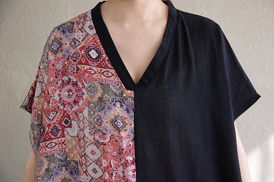 Spring Loose Retro Printed Color Block V-Neck Cotton Dresses