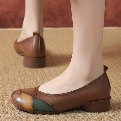 Babakud Women Spring Retro Colorblock Leather Soft Sole Shoes