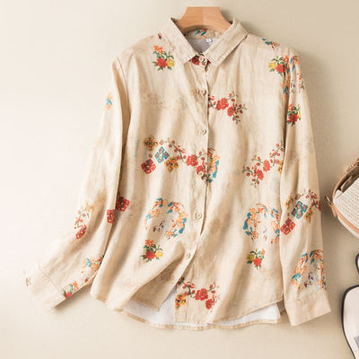 Women Spring Retro Printed Long-Sleeved Cotton Linen Shirt