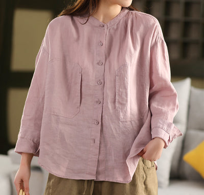 Women Spring Casual Loose Single-Breasted Ramie Shirt