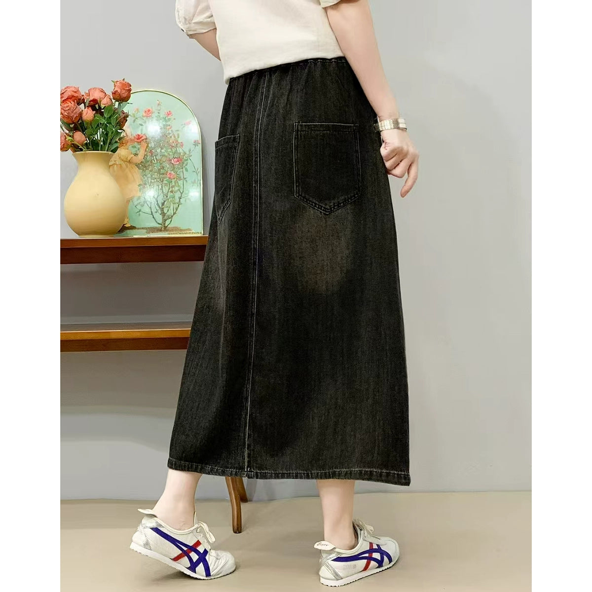 Women Casual Denim Cute Pattern Elastic Waist Lace Up Skirt