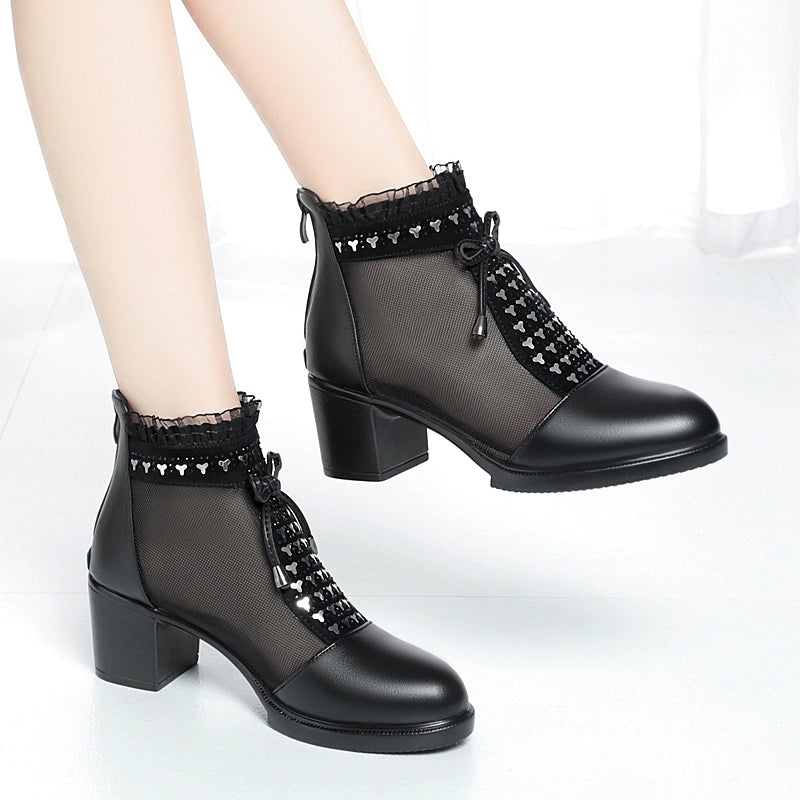 Summer Leather Mesh Breathable Lace Chunky Ankle Boots