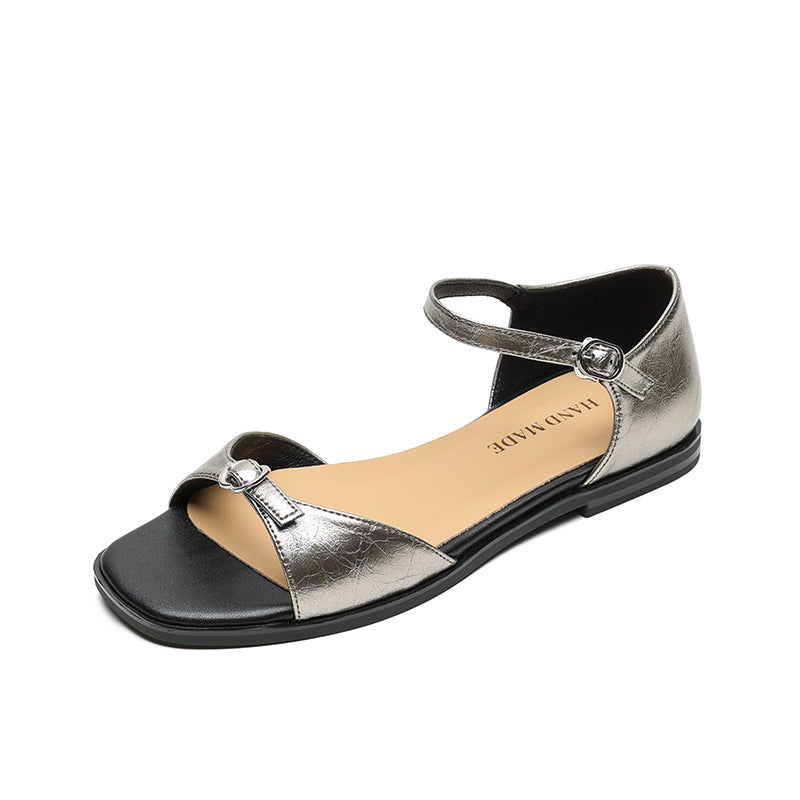 Retro Leather Soft Flat Sole Open Toe One Strap Sandals