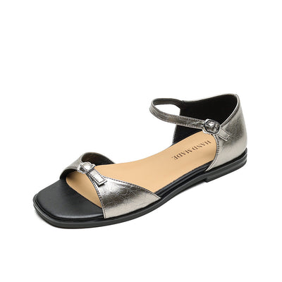 Retro Leather Soft Flat Sole Open Toe One Strap Sandals