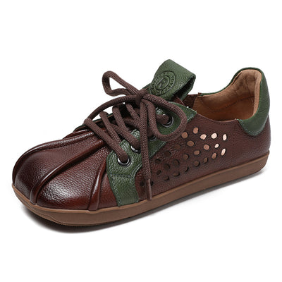 Spring Retro Hollow Soft Sole Color Block Leather Casual Shoes