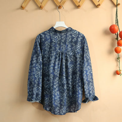 Women Retro Floral Long-Sleeved Casual Cotton Shirt