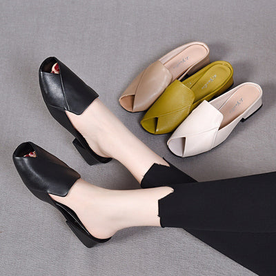 Summer Peep Toe Leather Mules for Women Closed Toe Flats